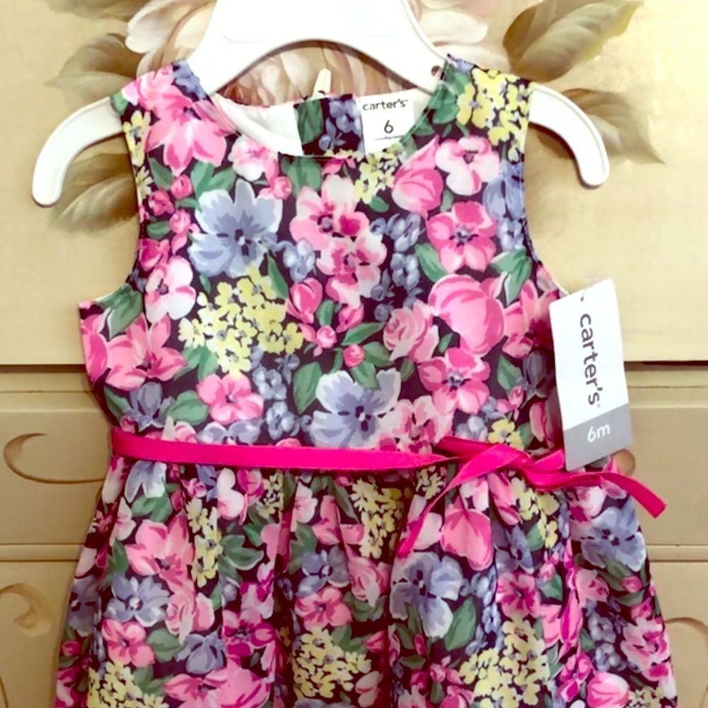 Carters Baby Girl Dress Floral Sleeveless Taffeta Pink Size 6M Ribbon Easter